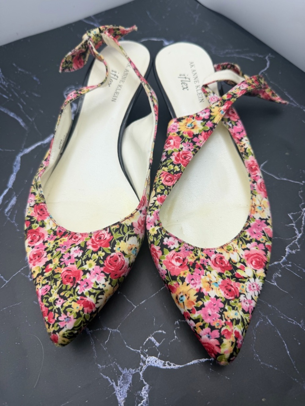 Anne Klein Black Floral Pointed Slingback Flats